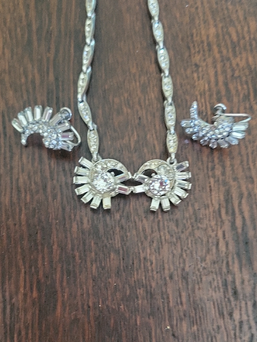 BOGOFF Rhodium Sunburst Necklace and Screwback Earring Set Mid Century - Picture 9 of 11
